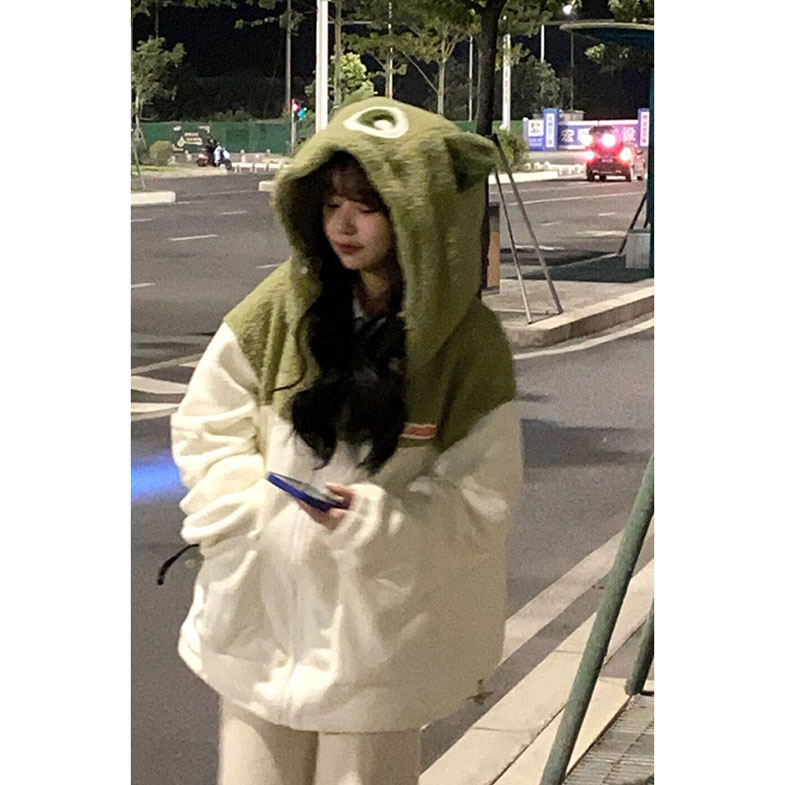羊羔毛加绒加厚卫衣女初中女生上衣服高中学生可爱耳朵帽衫外套潮