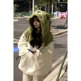 羊羔毛加绒加厚卫衣女初中女生上衣服高中学生可爱耳朵帽衫外套潮