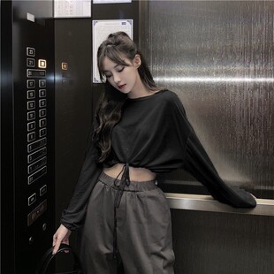 辣妹爵士风格女装跳舞衣服春秋高腰露脐短款宽松大码抽绳上衣