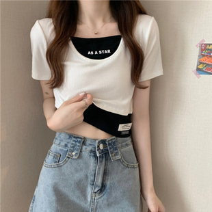 辣妹假两件短袖t恤女装夏欧美甜辣风爵士舞上衣服跳舞jazz套装潮