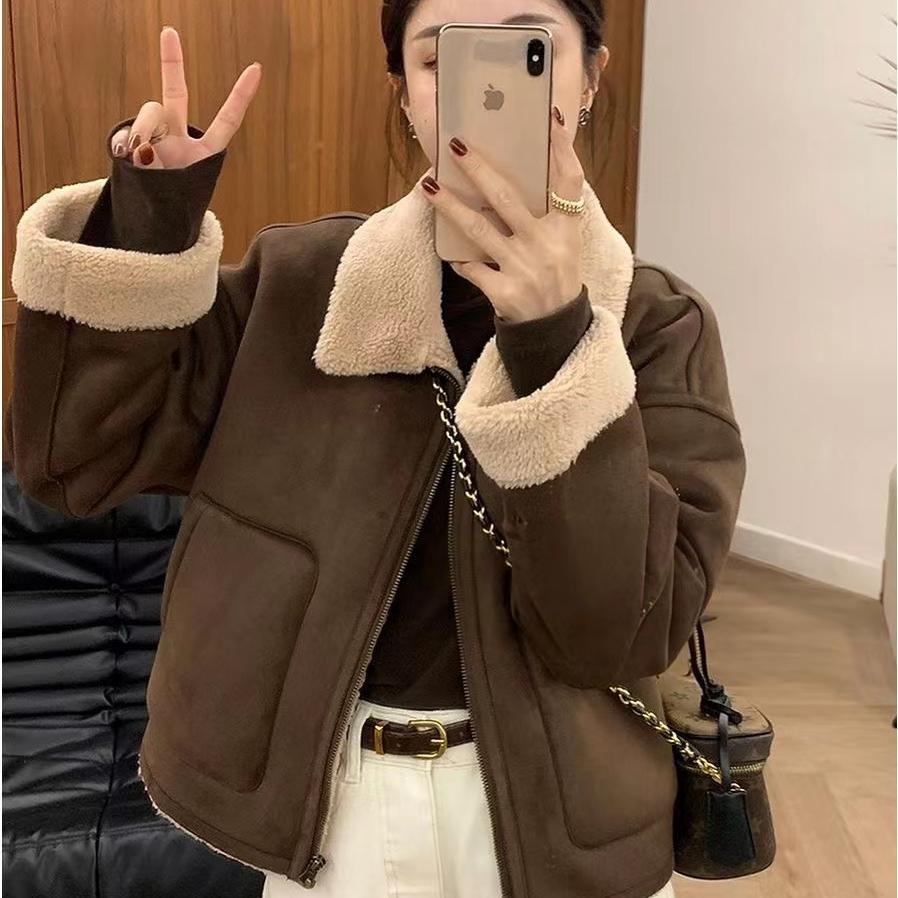 初中生羊羔绒毛呢大衣女春秋高中学生少女皮毛一体夹克棉衣服外套