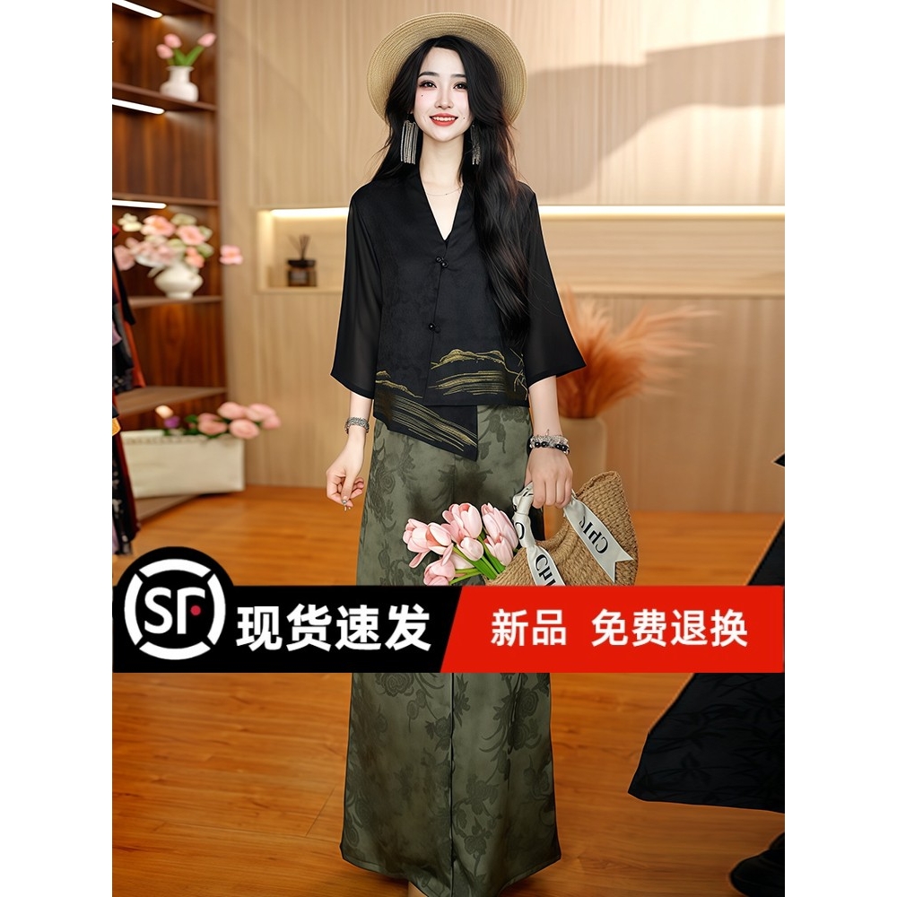 广州十三行高级感新中式国风套装女2025夏季大码不规则上衣休闲阔