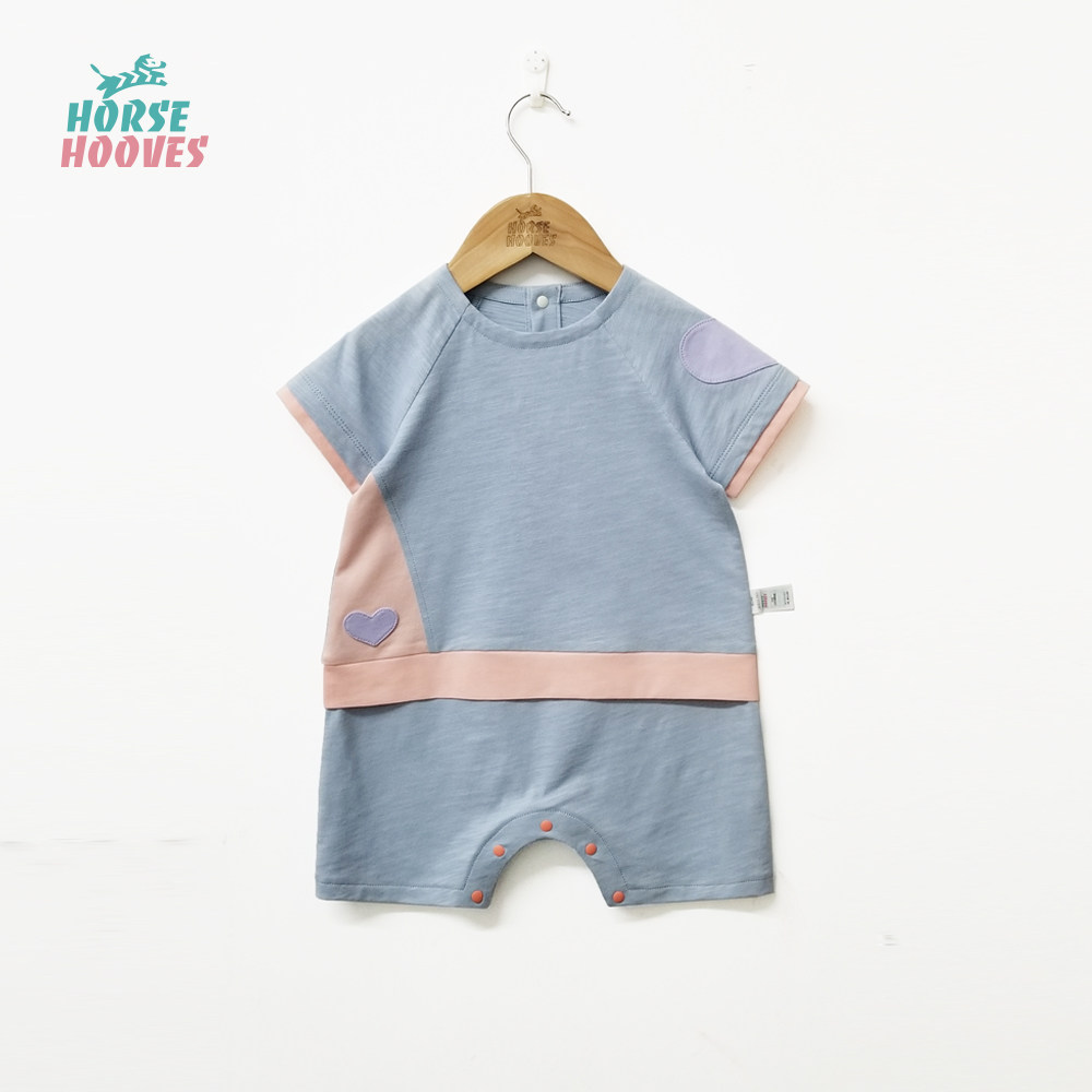 HorseHooves好肤丝原创纯棉女宝宝爱心假两件短袖连体衣爬服夏季