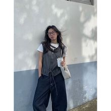 韩版抽绳针织马甲秋洋气短款直筒外搭叠穿拉链背心530054强明女装