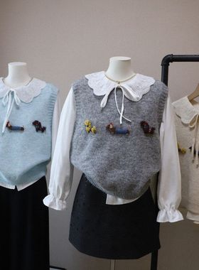 2025秋冬新款韩版甜美减龄两件套娃娃领衬衫针织马甲5744强明女装