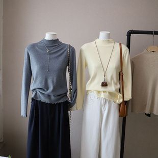 5100强明女装 2025秋冬新款 女小香风半高领针织衫 木耳边打底衫 韩版