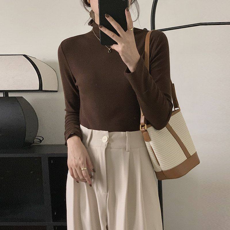 经典百搭半高领修身长袖面膜T恤女装显瘦纯色打底衫8923强明女装