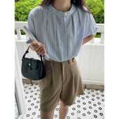 盐系慵懒风 强明女装 条纹设计感压褶廓形立领衬衫 ZY1753