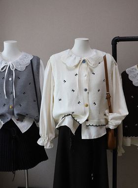 2025秋季新款韩版衬衫蝴蝶结刺绣彩扣针织马甲两件套5317强明女装