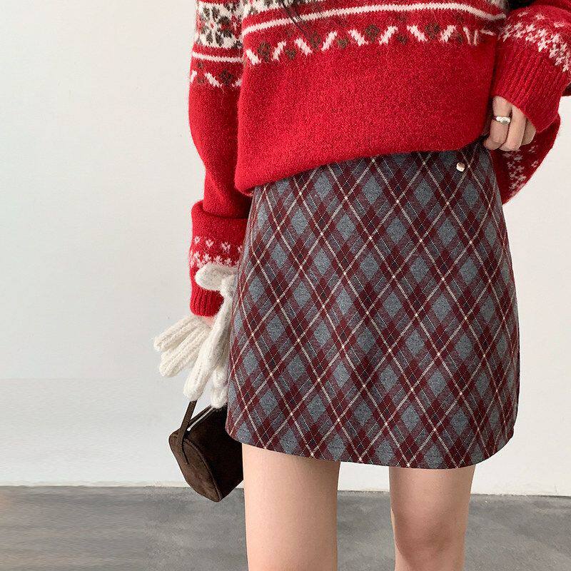 超好看复古格纹毛呢短裙女秋冬小个子包臀半身裙女11054强明女装