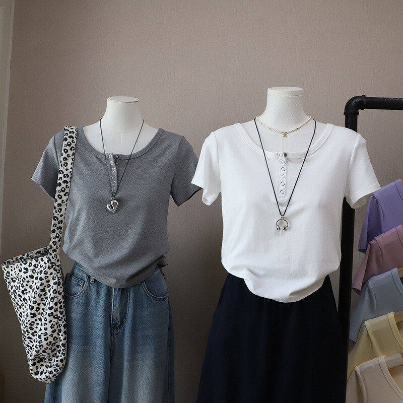 2026春夏新款韩版简约显瘦百搭休闲正肩短款短袖T恤5754强明女装