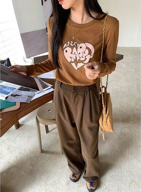 韩版修身爱心印花打底衫2025显瘦长袖上衣T恤女145TY933强明女装