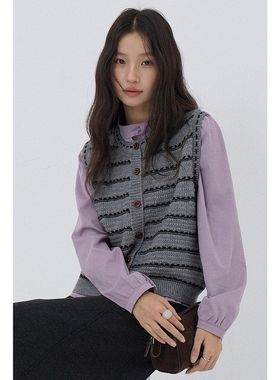 小米伊诺圆领系带领长袖衬衫+条纹马甲 休闲两件套装3278强明女装