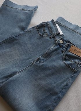 2025早春新品韩版高腰弹力休闲直筒浅蓝色阔腿牛仔裤3394强明女装