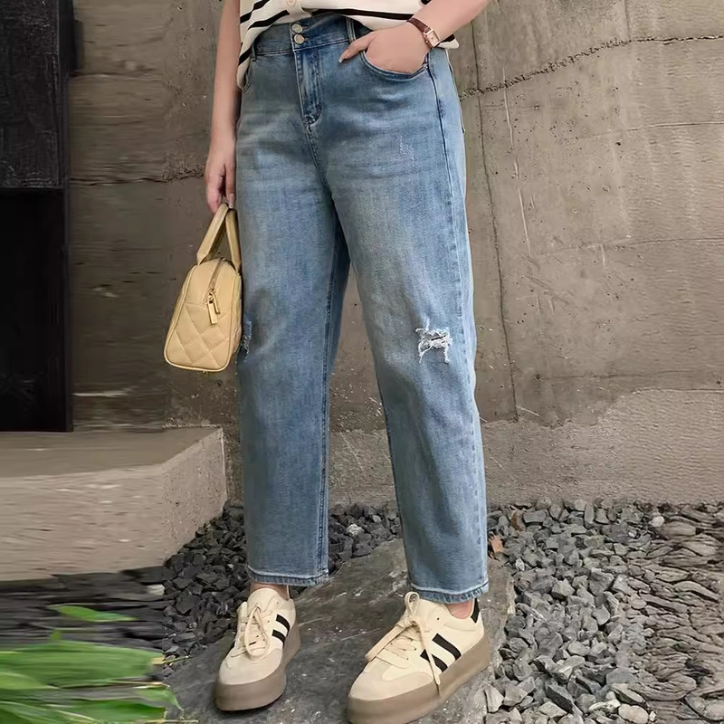 大码宽松直筒牛仔裤2025春胖mm显瘦裤子高腰法棍裤NK1011强明女装