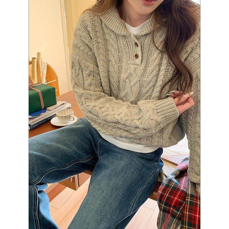 暖冬叙旧 韩系复古翻领麻花宽松套头毛衣ZY3743强明女装