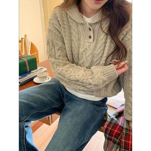 暖冬叙旧 韩系复古翻领麻花宽松套头毛衣ZY3743强明女装