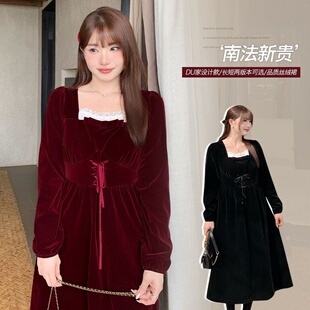 秋冬新款方领丝绒复古连衣裙大码蕾丝拼接收腰裙子63561 强明女装