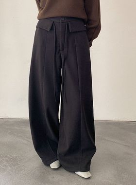 设计感腰头抽绳加绒加厚毛呢休闲裤女冬高腰阔腿裤11057强明女装