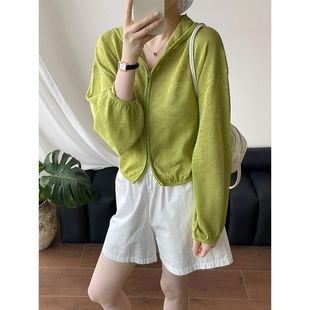 YL359 亚麻显瘦拉链空调衫 强明女装 糖果色连帽针织防晒衫