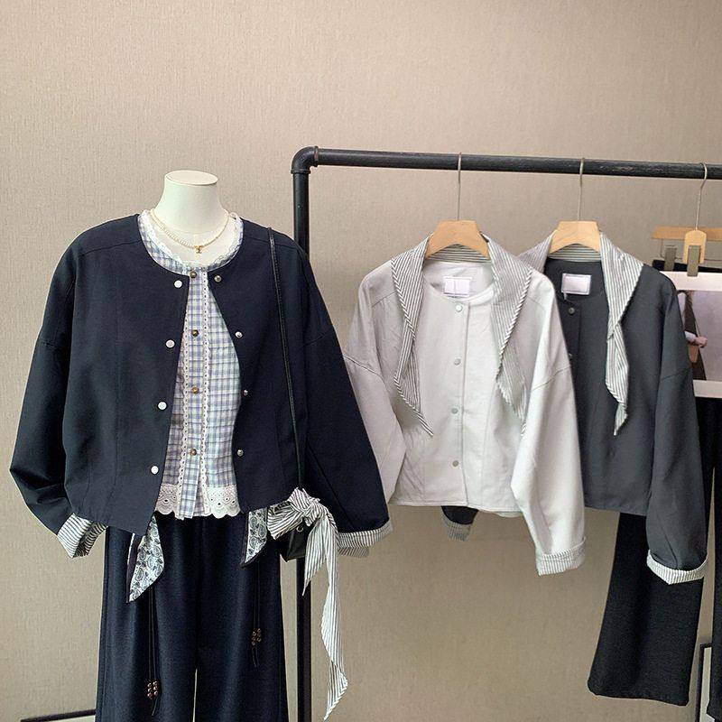 2025秋冬新韩版时尚高级感条纹卷边宽松短款夹克外套4850强明女装