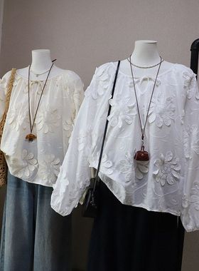 2026早春新款韩版甜美立体花朵刺绣系带显瘦长袖衬衫5843强明女装