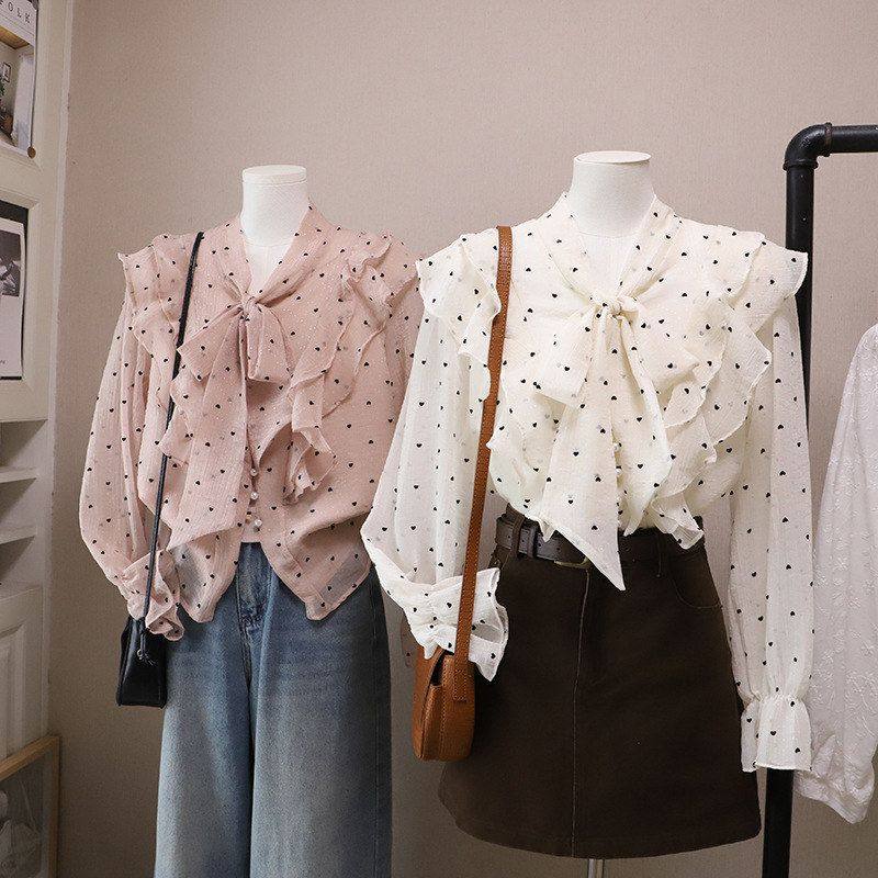 2026早春新款韩版荷叶边爱心珍珠扣系带漂亮长袖衬衫5819强明女装,女装/女士精品,衬衫,淘宝优惠券,粉丝福利购,淘宝优惠卷