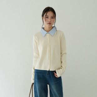 撞色衬衫翻领拼接假两件针织衫女修身内搭开衫毛衣11076强明女装