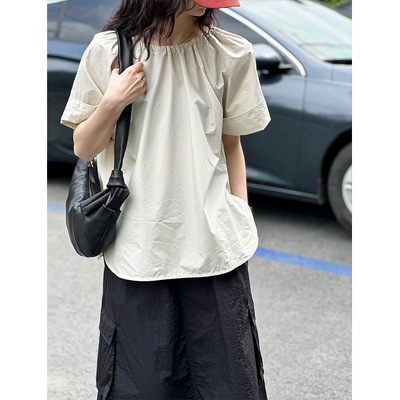 2025夏新款韩版宽松纯色中袖衬衣减龄设计感休闲上衣2073强明女装