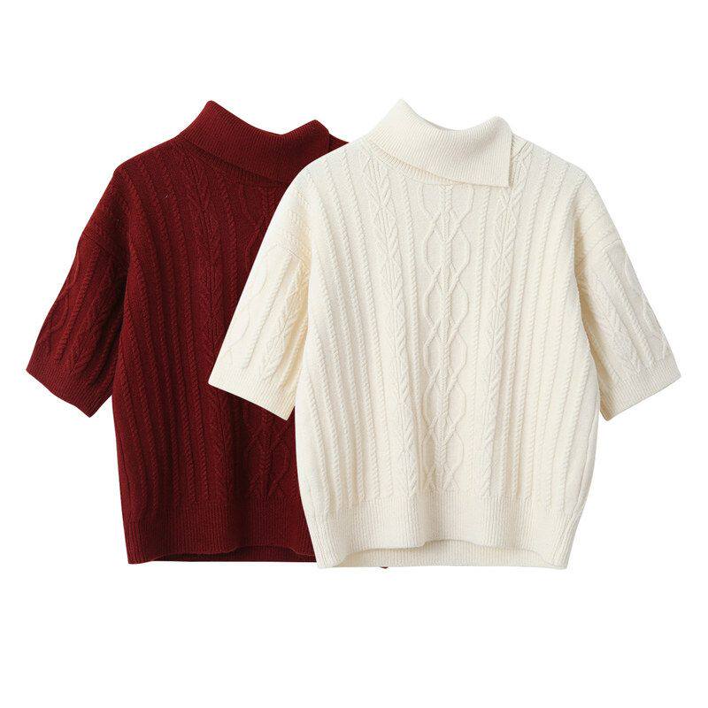 别致高领麻花斜翻领套头针织衫温柔风袖套+宽松毛衣11108强明女装