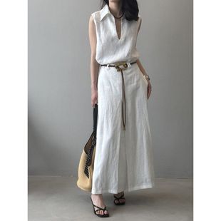 高级感亚麻无袖套装 夏季韩版V领衬衫长款a字半身裙8050 强明女装