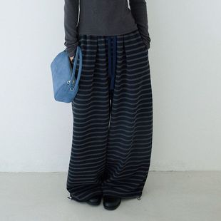 慵懒遛弯裤加绒条纹休闲裤冬新款弹力高腰弯刀长裤11092强明女装