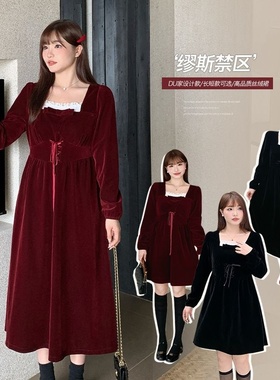 欧版大码复古蕾丝拼接减龄裙微胖mm长款丝绒连衣裙63562 强明女装