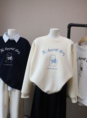 2025秋冬新款韩版圆领字母卡通刺绣加绒加厚宽松卫衣5664强明女装