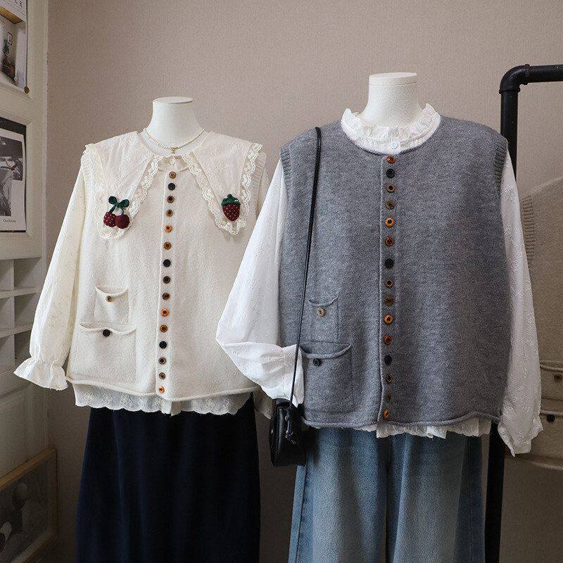 2026早春新款韩版圆领彩扣宽松百搭开衫针织马甲背心5864