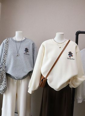 2025秋冬新款韩版圆领加绒加厚卡通字母印花宽松卫衣5707强明女装