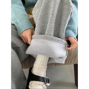 ZY3735强明女装 松弛假日 松紧高腰弯刀阔腿加绒休闲卫裤