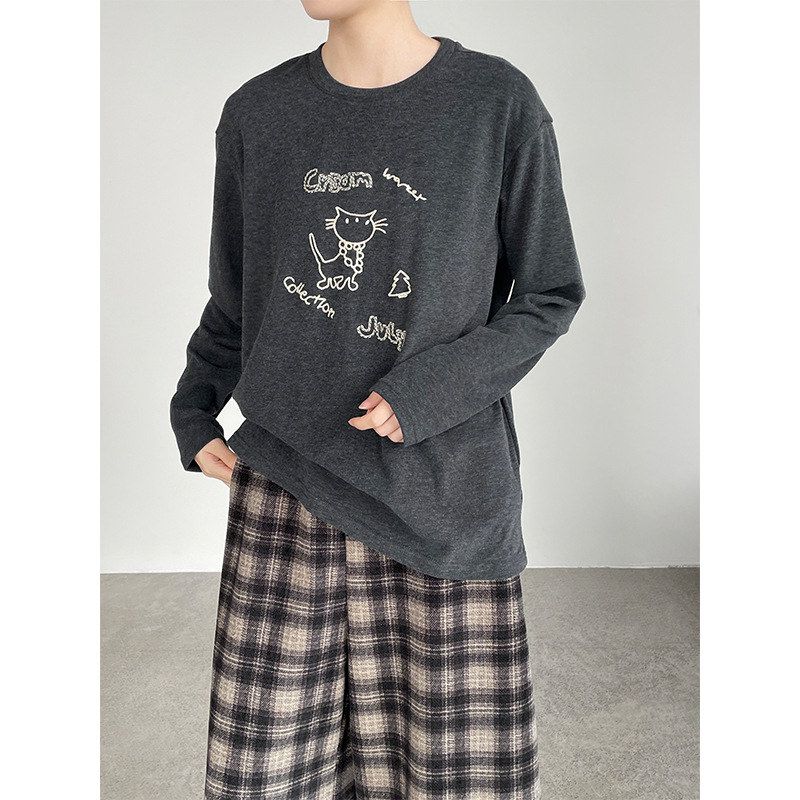 滔川韩系猫咪刺绣磨毛长袖T恤女