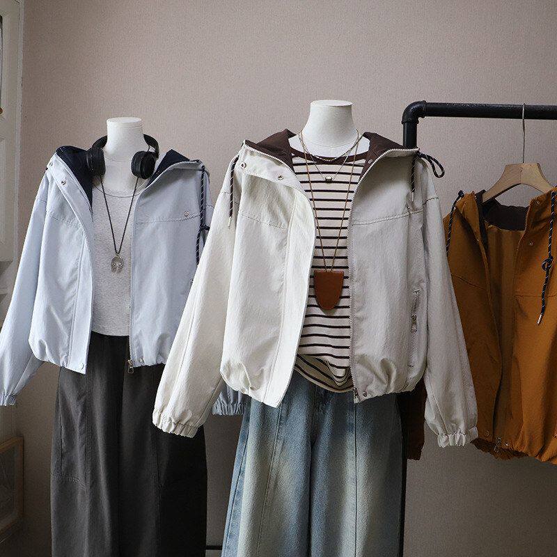 2026早春新款韩版时尚休闲连帽拼接宽松百搭夹克外套5800强明女装