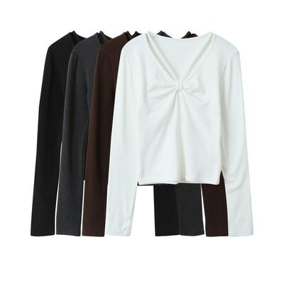 设计感打结领长袖T恤女装2016套