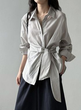 天丝棉绑带收腰衬衫女 秋季翻领单排扣宽松显瘦衬衣82570强明女装