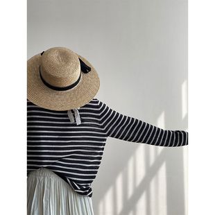 YL2071强明女装 随性慵懒风圆领宽松条纹套头针织衫 2025春防晒罩衫