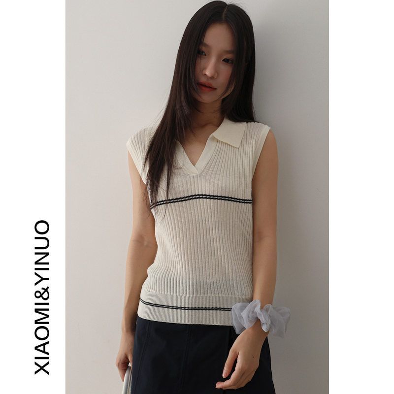 条纹冰丝绝美polo领针织背心女夏季无袖外穿短款上衣3057强明女装