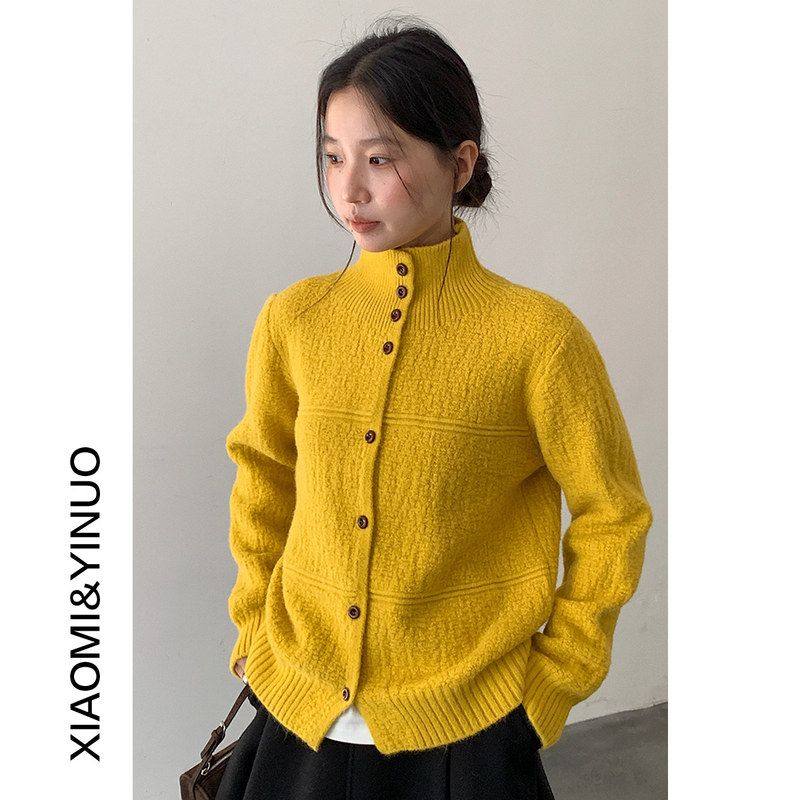 单排扣高领开衫毛衣女高级感外穿内搭宽松针织上衣11037强明女装