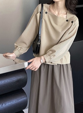 2025秋新款上衣韩版方领高级感宽松百搭长袖条纹衬衫4581强明女装