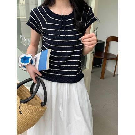 南法小调 镂空绑带花边方领条纹针织短袖ZY3032 强明女装