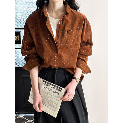 韩系复古娃娃领波点衬衫女款2025春新款宽松减龄上衣8912强明女装