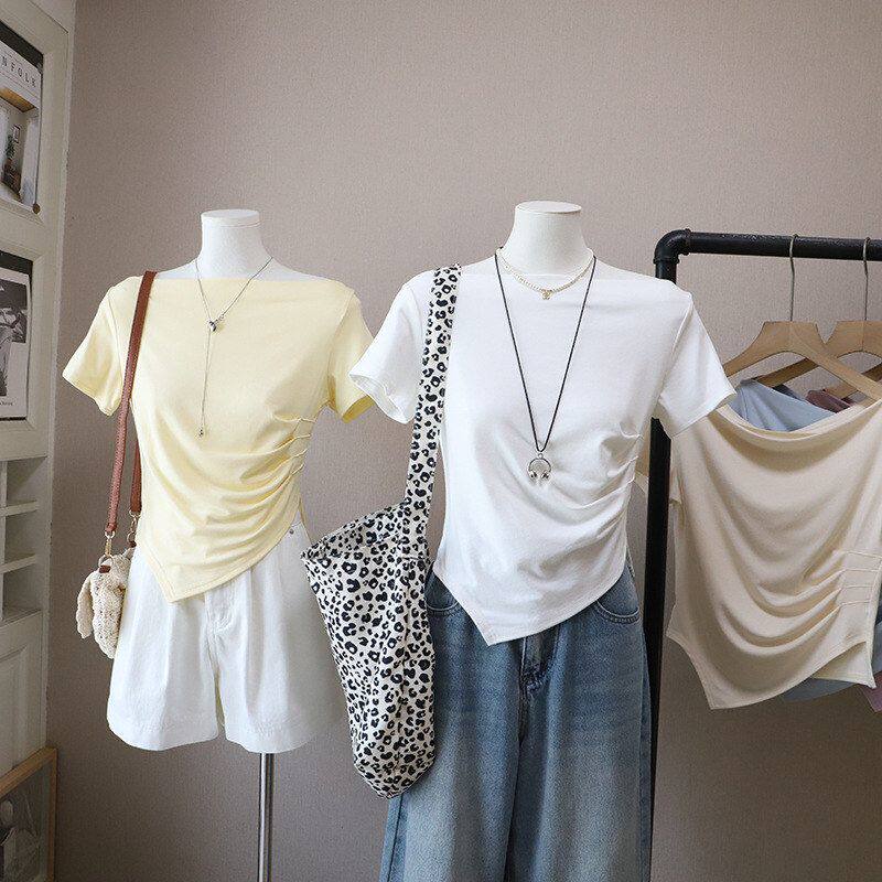 2026春夏新款韩版一字肩不规则抽褶收腰显瘦短袖T恤5759强明女装