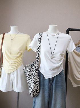 2026春夏新款韩版一字肩不规则抽褶收腰显瘦短袖T恤5759强明女装