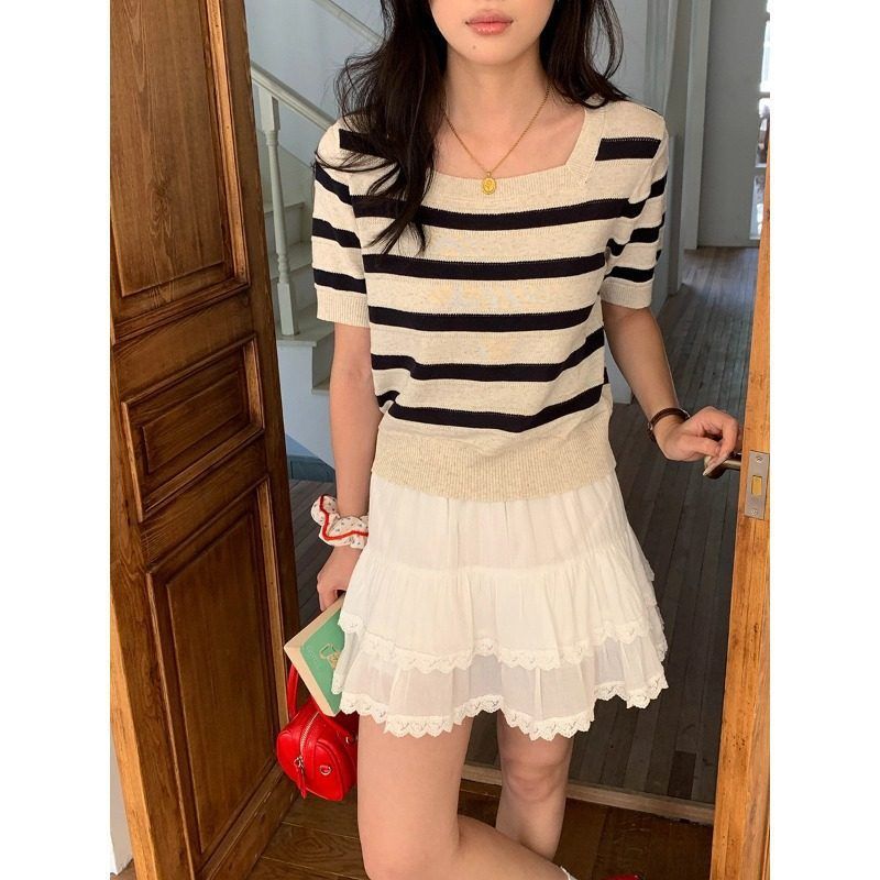 岛屿线谱曲 天丝亚麻方领条纹针织衫T恤ZY3034 强明女装